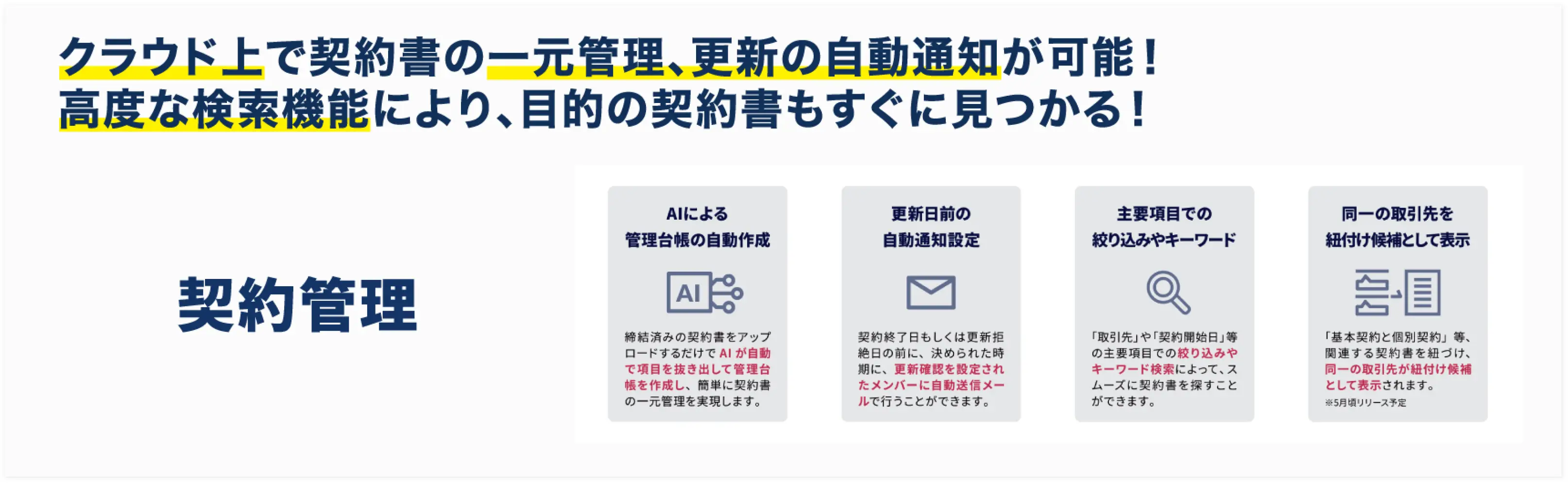 クラウド上で契約書の一元管理、更新の自動通知が可能！高度な検索機能により、目的の契約書もすぐに見つかる！